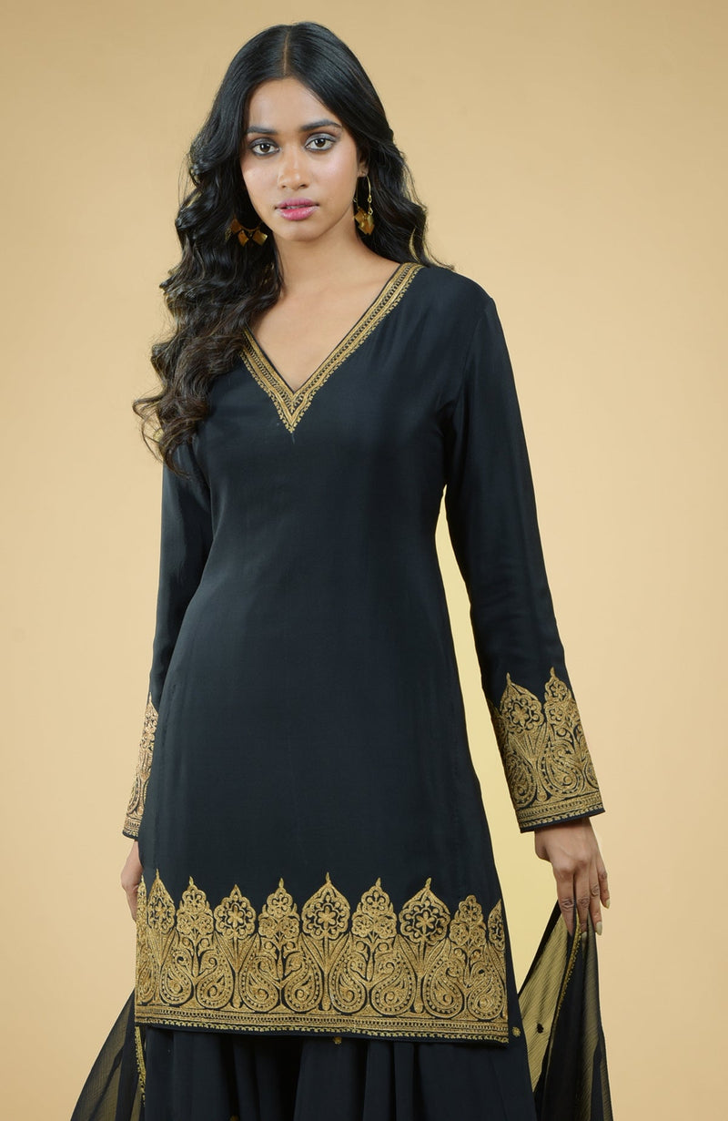 Black - Gold Tilla Aari Embroidered Sharara Set