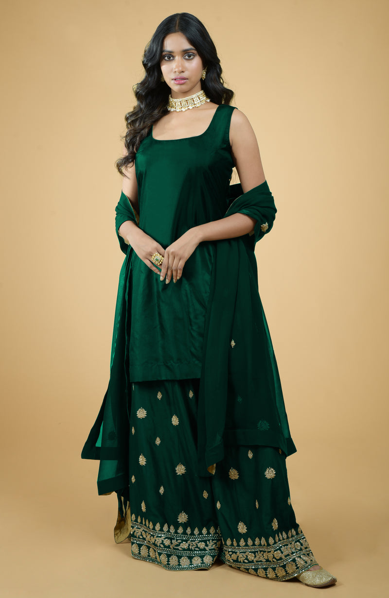Emerald Green Zardozi Dabka Hand Embroidered Sharara Set
