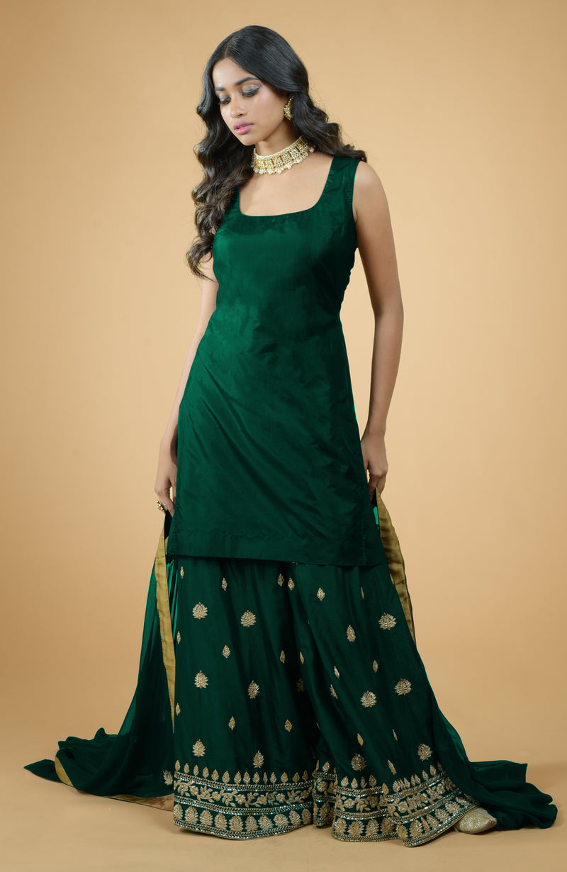 Emerald Green Zardozi Dabka Hand Embroidered Sharara Set