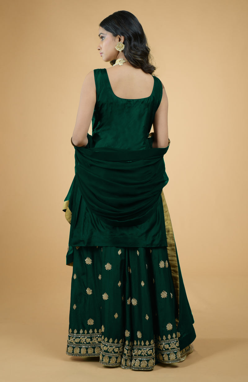 Emerald Green Zardozi Dabka Hand Embroidered Sharara Set
