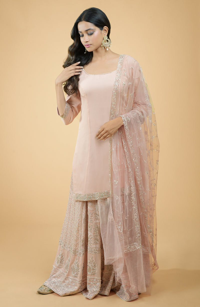 Nude Pink Chikankari & Zardozi Hand Embroidered Sharara Set