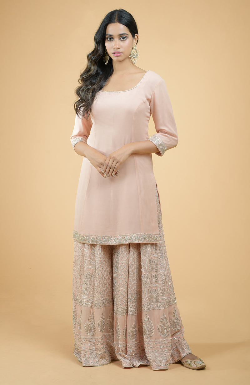 Nude Pink Chikankari & Zardozi Hand Embroidered Sharara Set