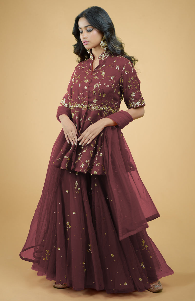 Marsala Beads Zardozi Hand Embroidered Sharara Set