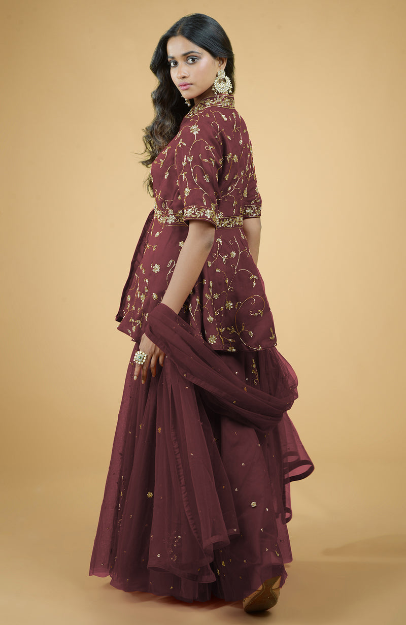 Marsala Beads Zardozi Hand Embroidered Sharara Set