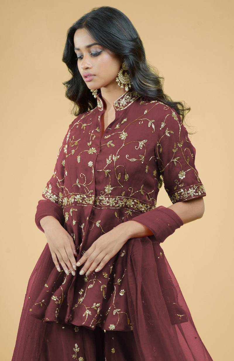 Marsala Beads Zardozi Hand Embroidered Sharara Set