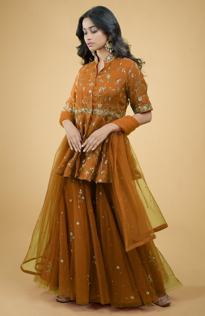 Scarlet Red Beads Zardozi Hand Embroidered Sharara Set