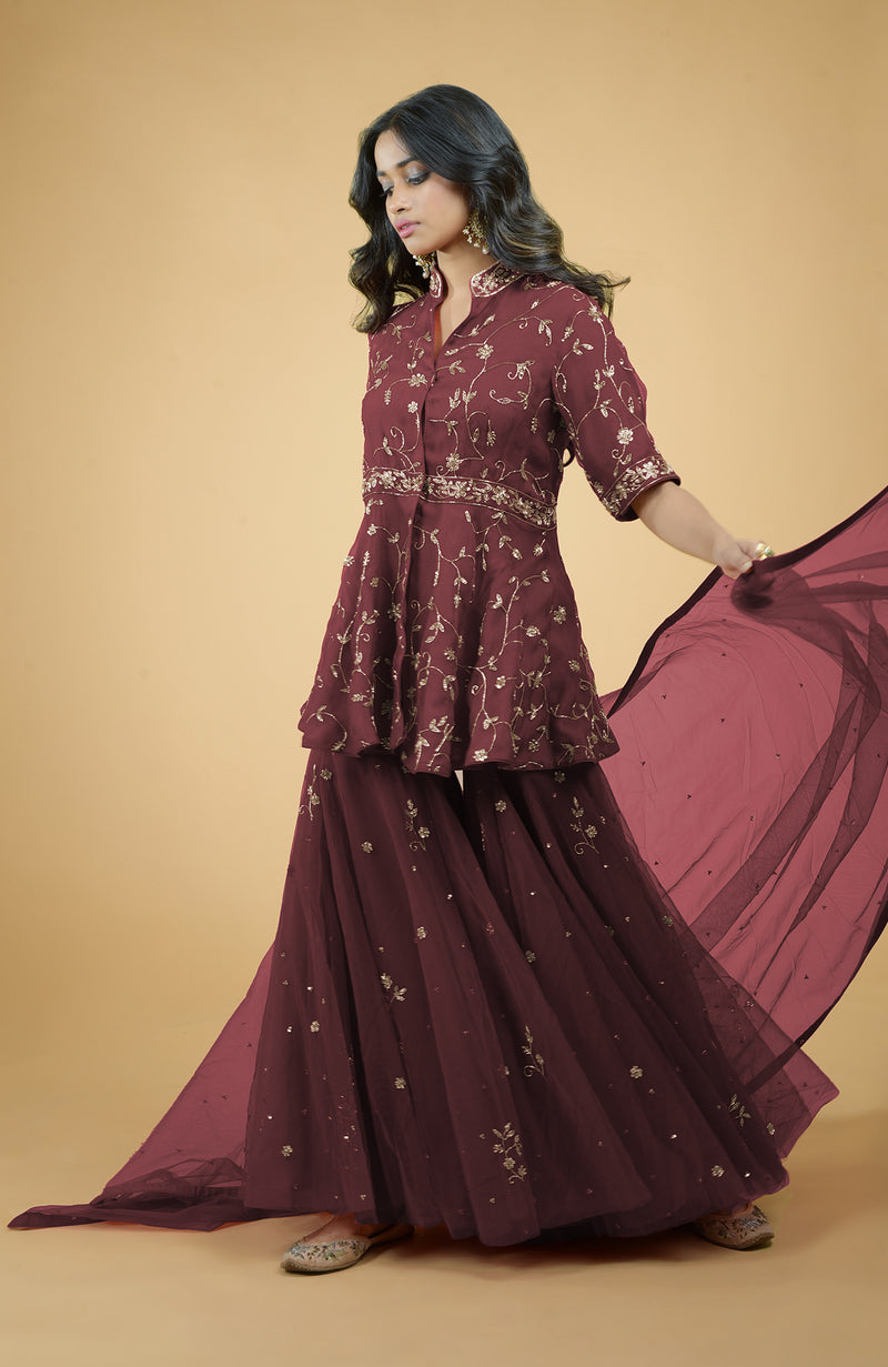 Marsala Beads Zardozi Hand Embroidered Sharara Set