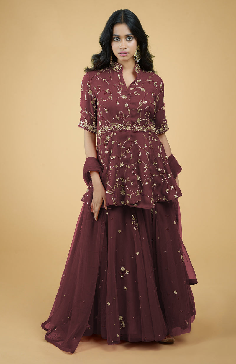 Marsala Beads Zardozi Hand Embroidered Sharara Set