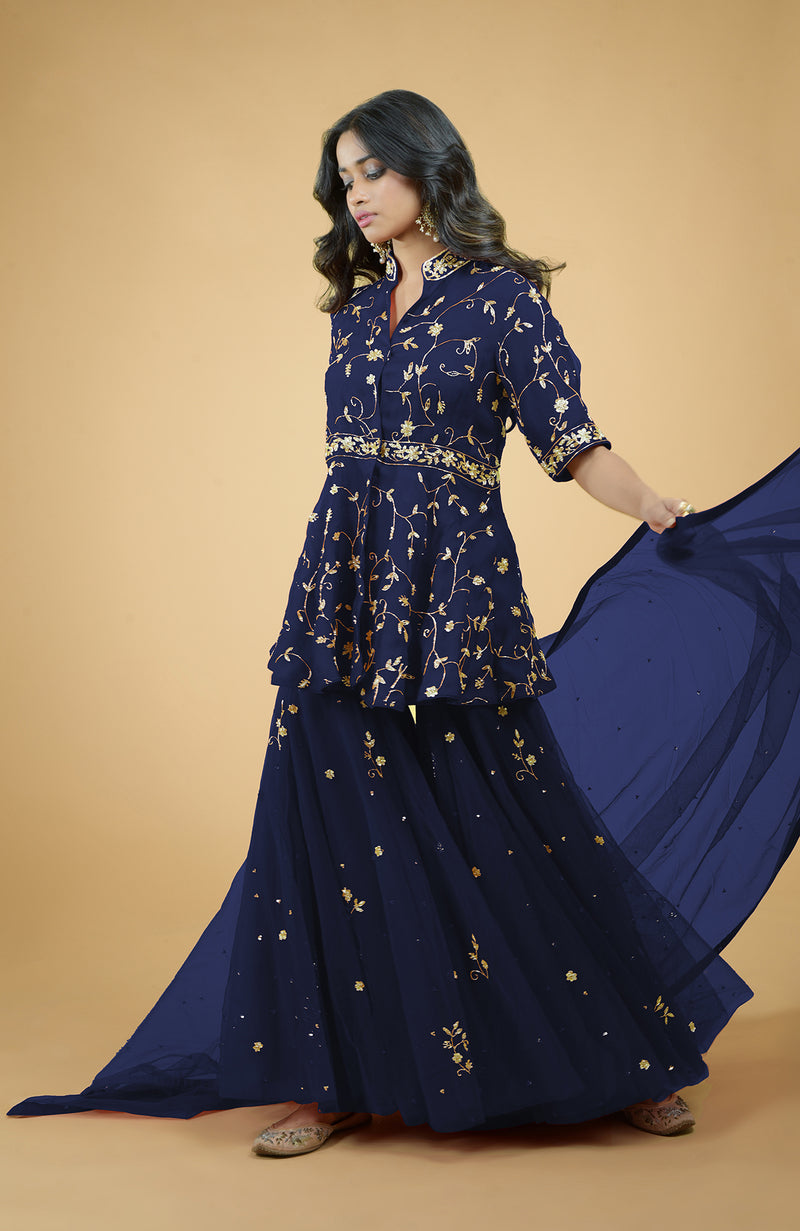 Marsala Beads Zardozi Hand Embroidered Sharara Set