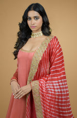 Coral Orange Leheriya Gold Tilla Embroidered Dupatta