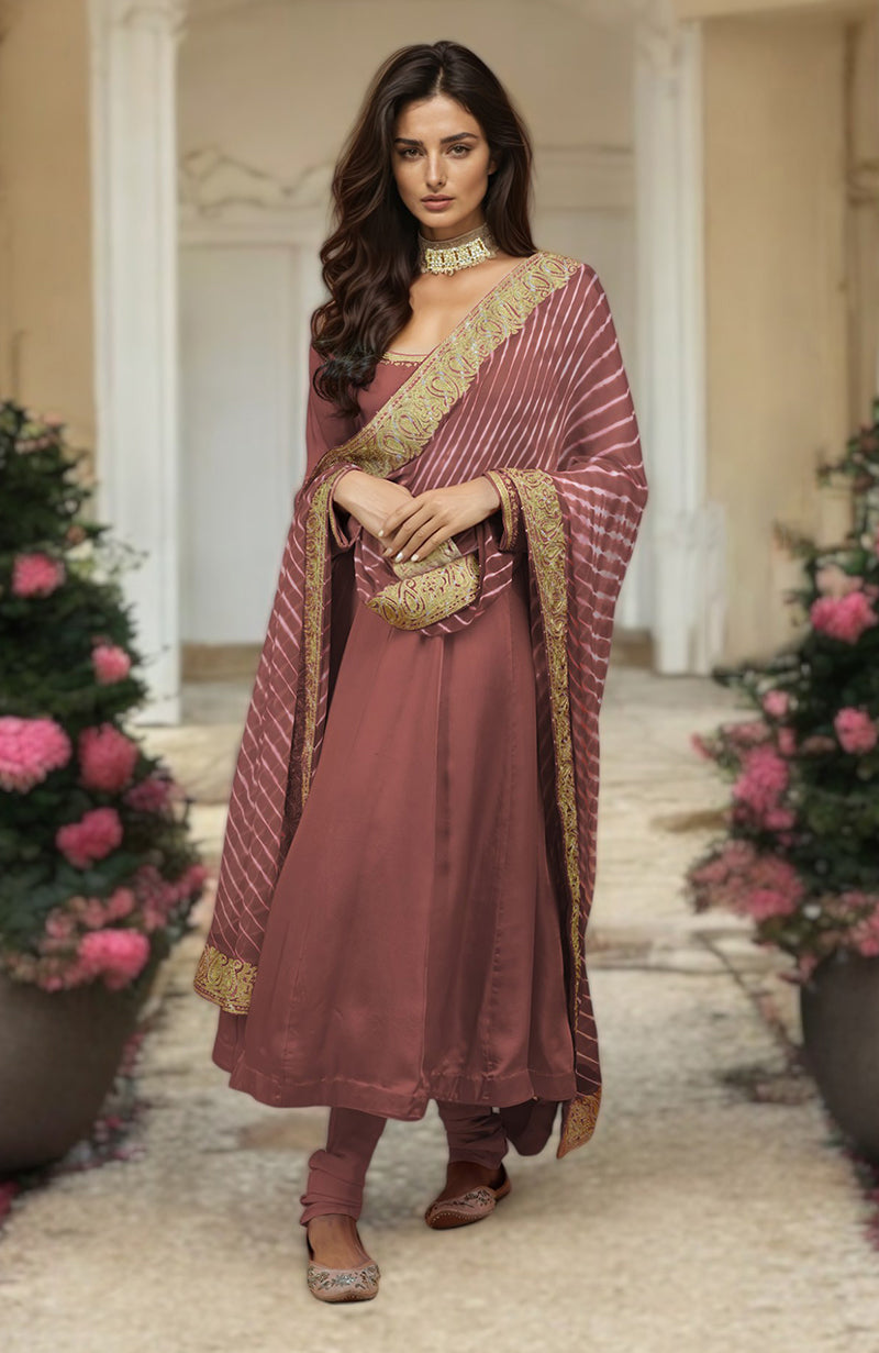 Coral Orange Leheriya-Tilla Embroidered Dupatta With Anarkali Set