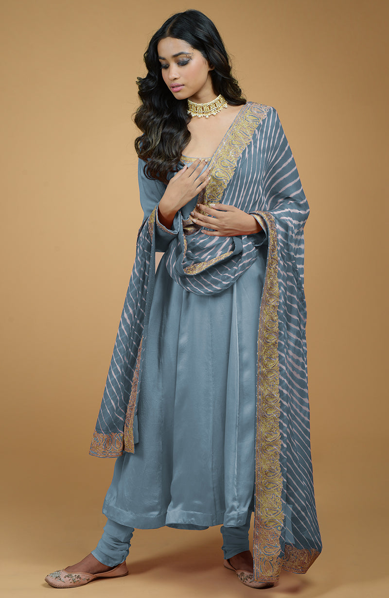 Coral Orange Leheriya-Tilla Embroidered Dupatta With Anarkali Set