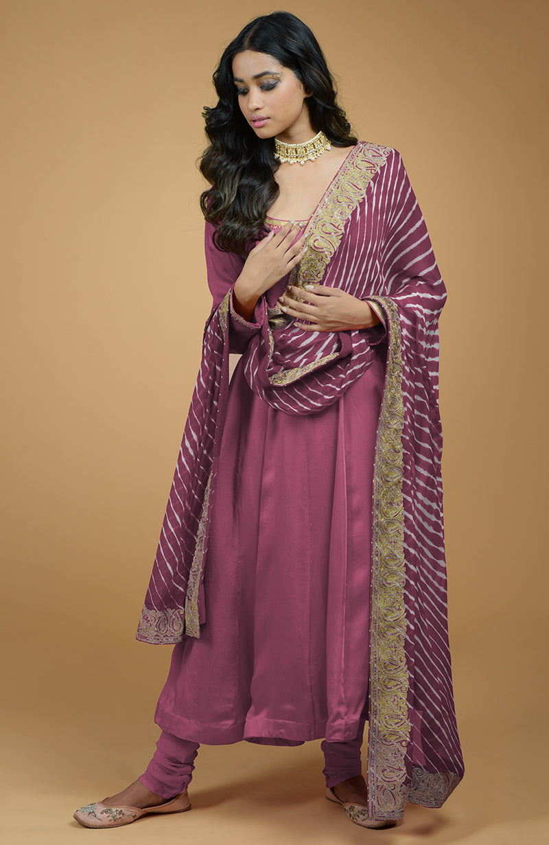 Coral Orange Leheriya-Tilla Embroidered Dupatta With Anarkali Set