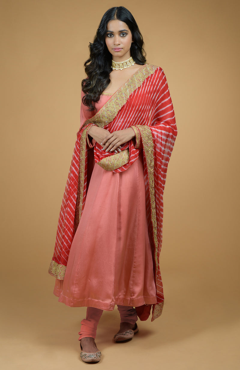 Lavender Leheriya-Tilla Embroidered Dupatta With Anarkali Set
