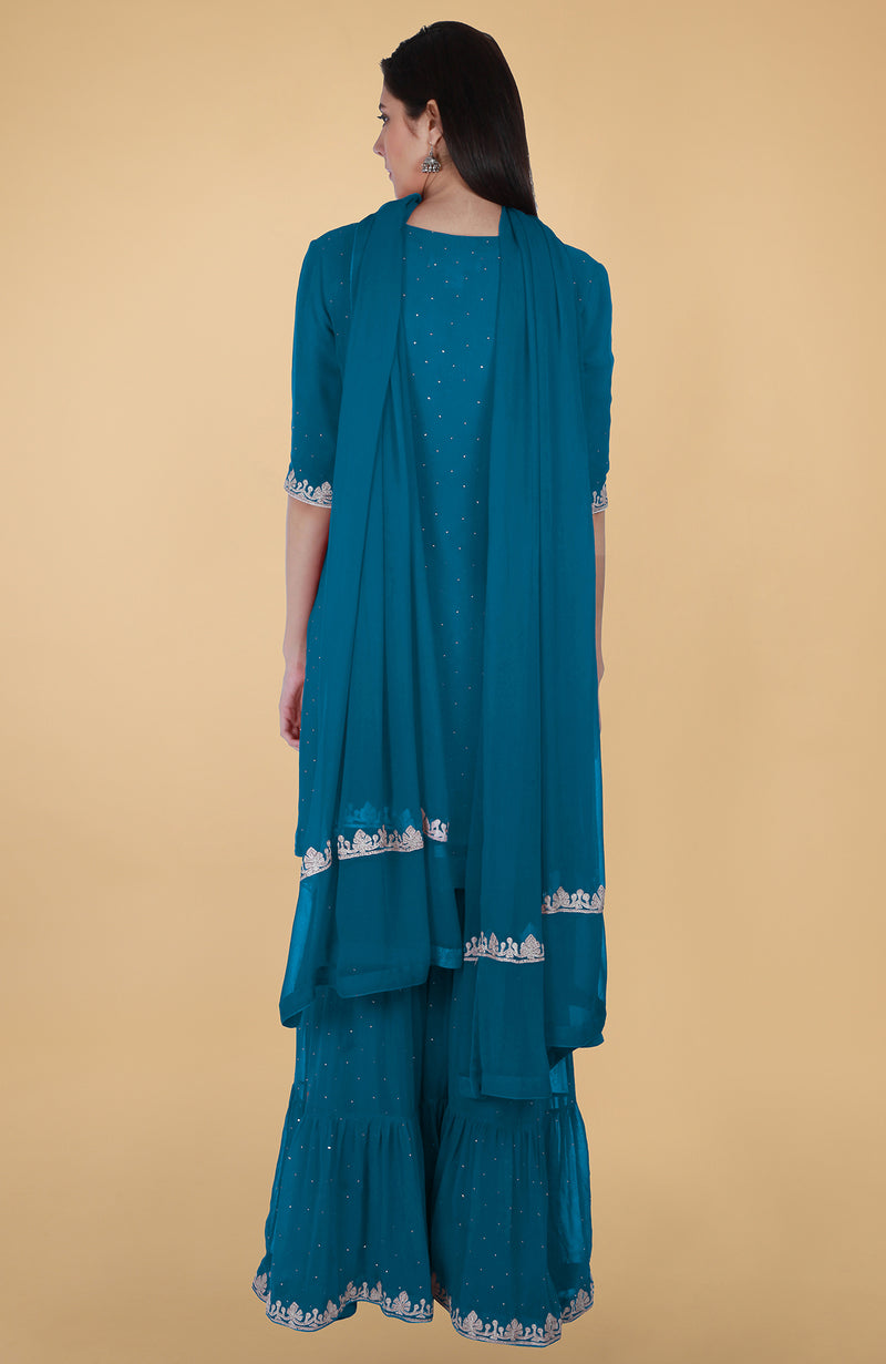 Teal Tilla And Mukaish Embroidered Gharara Suit