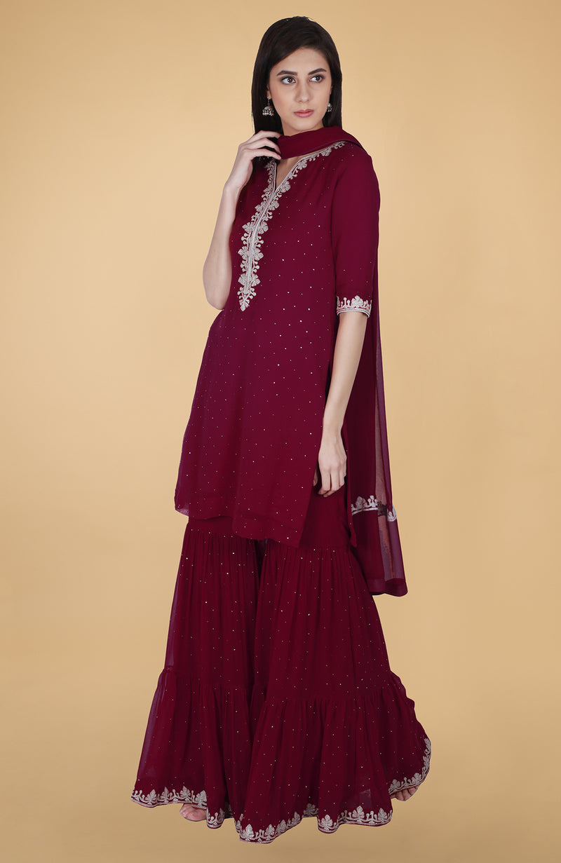 Burgundy Tilla And Mukaish Embroidered Gharara Suit