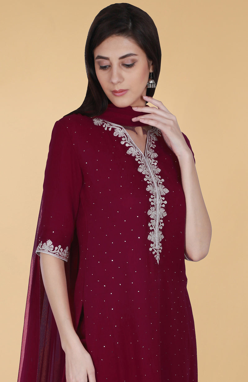 Burgundy Tilla And Mukaish Embroidered Gharara Suit