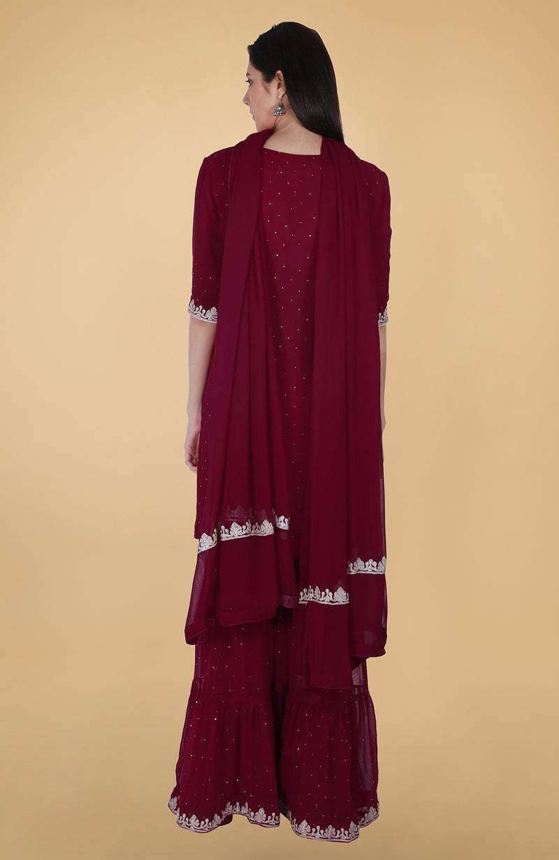 Burgundy Tilla And Mukaish Embroidered Gharara Suit