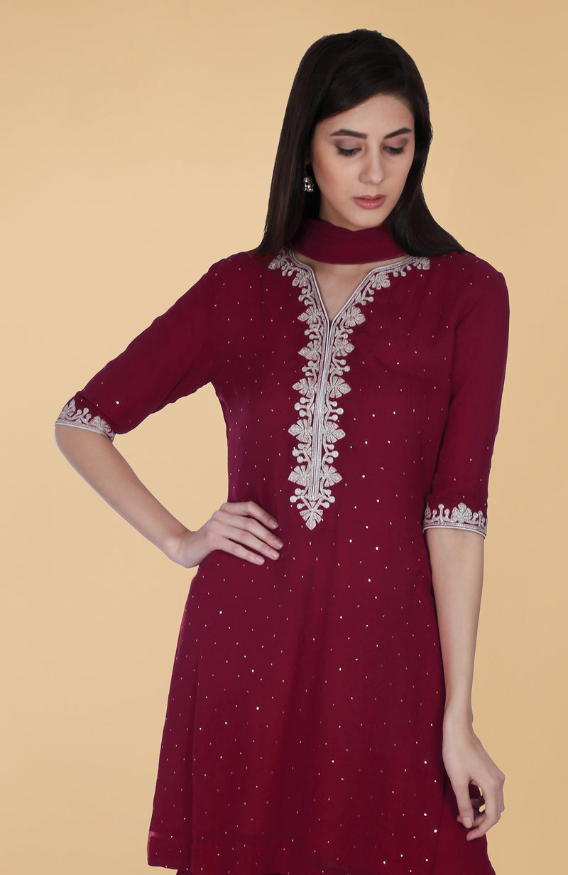 Burgundy Tilla And Mukaish Embroidered Gharara Suit
