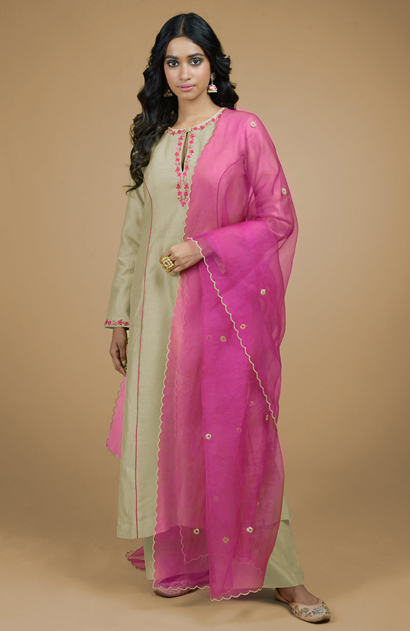 Beige & Magenta Organza Kurta Set