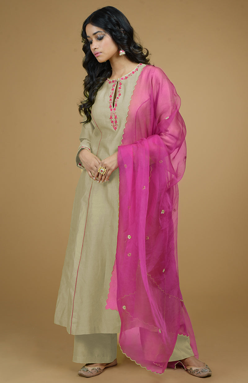 Beige & Magenta Organza Kurta Set