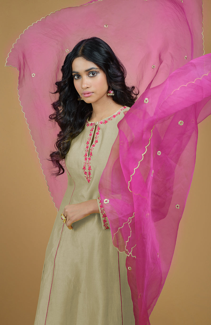 Beige & Magenta Organza Kurta Set