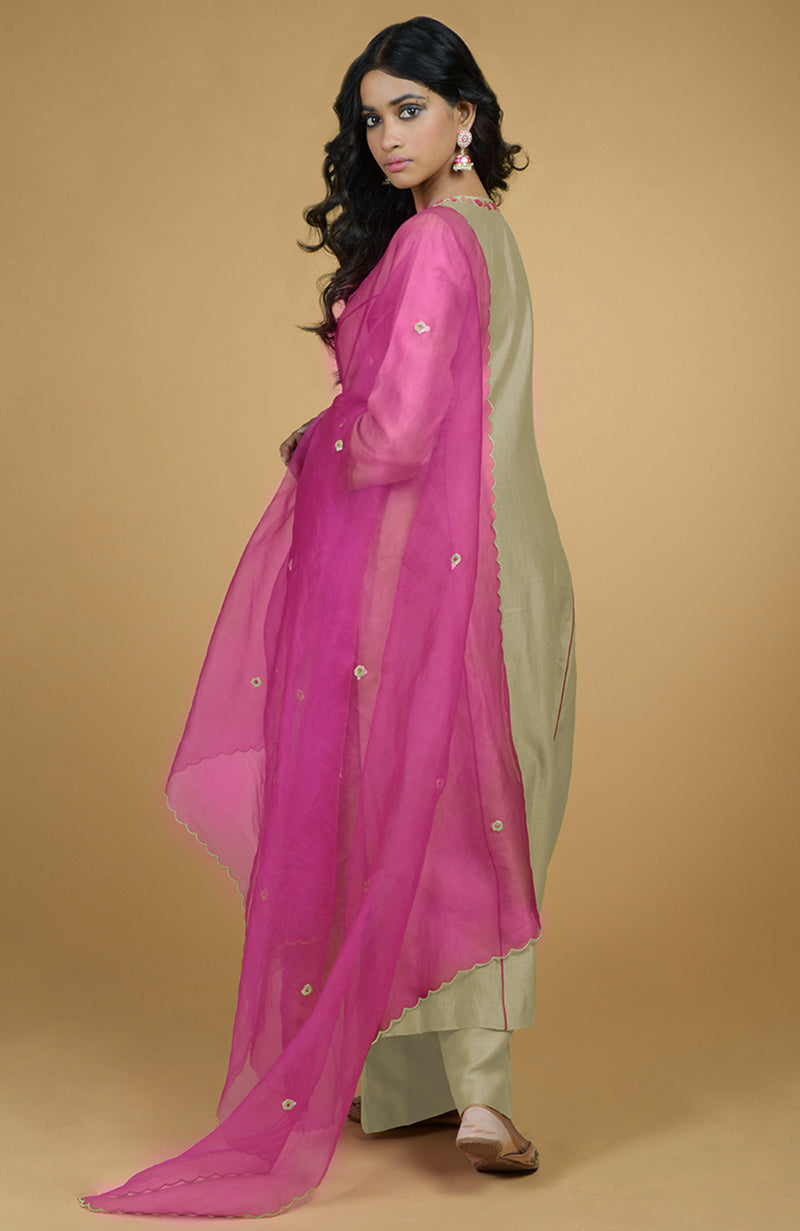 Beige & Magenta Organza Kurta Set