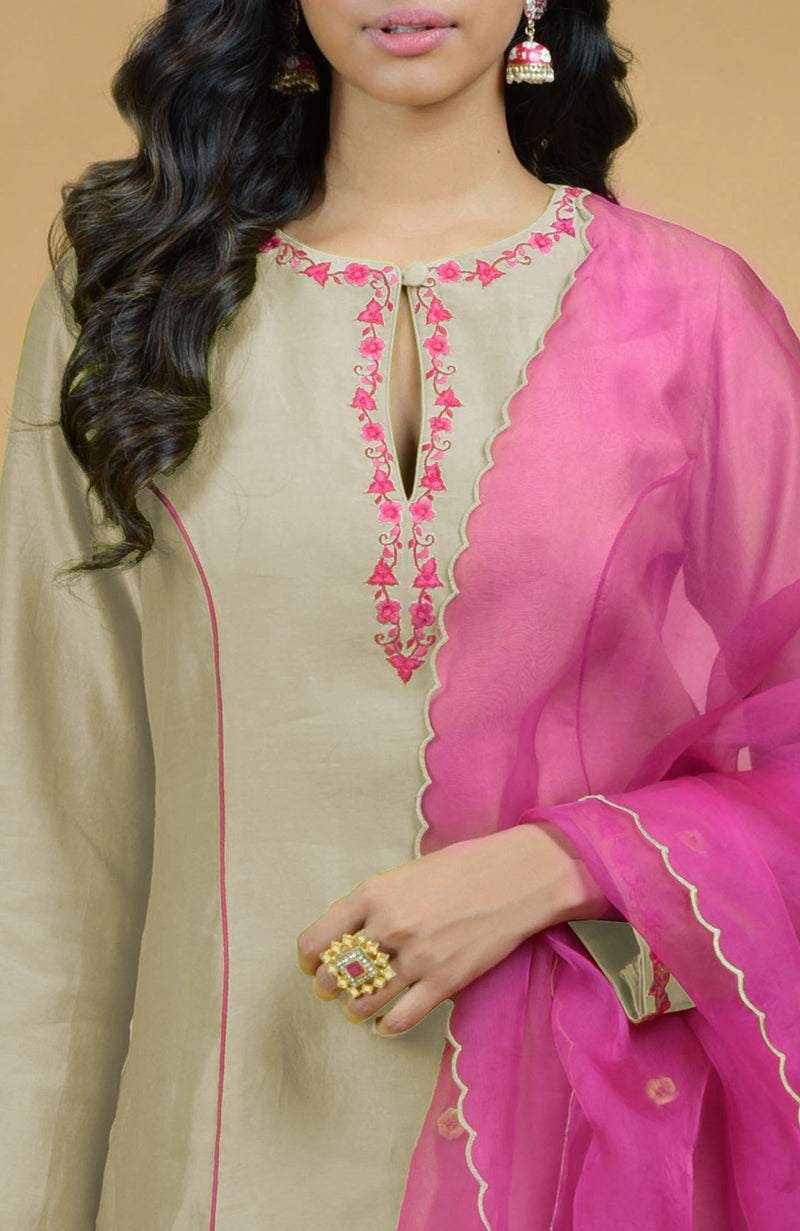 Beige & Magenta Organza Kurta Set
