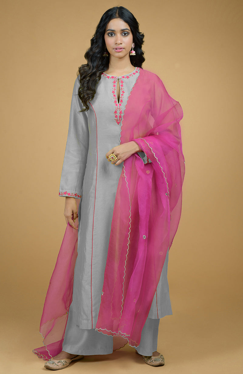 Beige & Magenta Organza Kurta Set