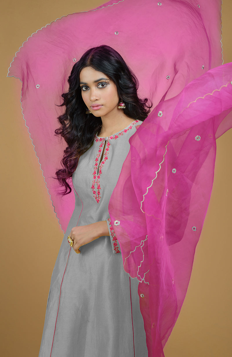 Ash Grey & Magenta Organza Kurta Set