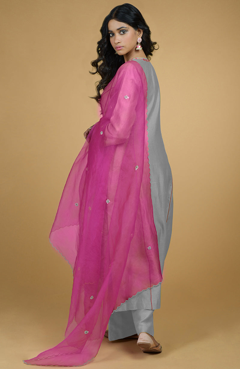 Ash Grey & Magenta Organza Kurta Set