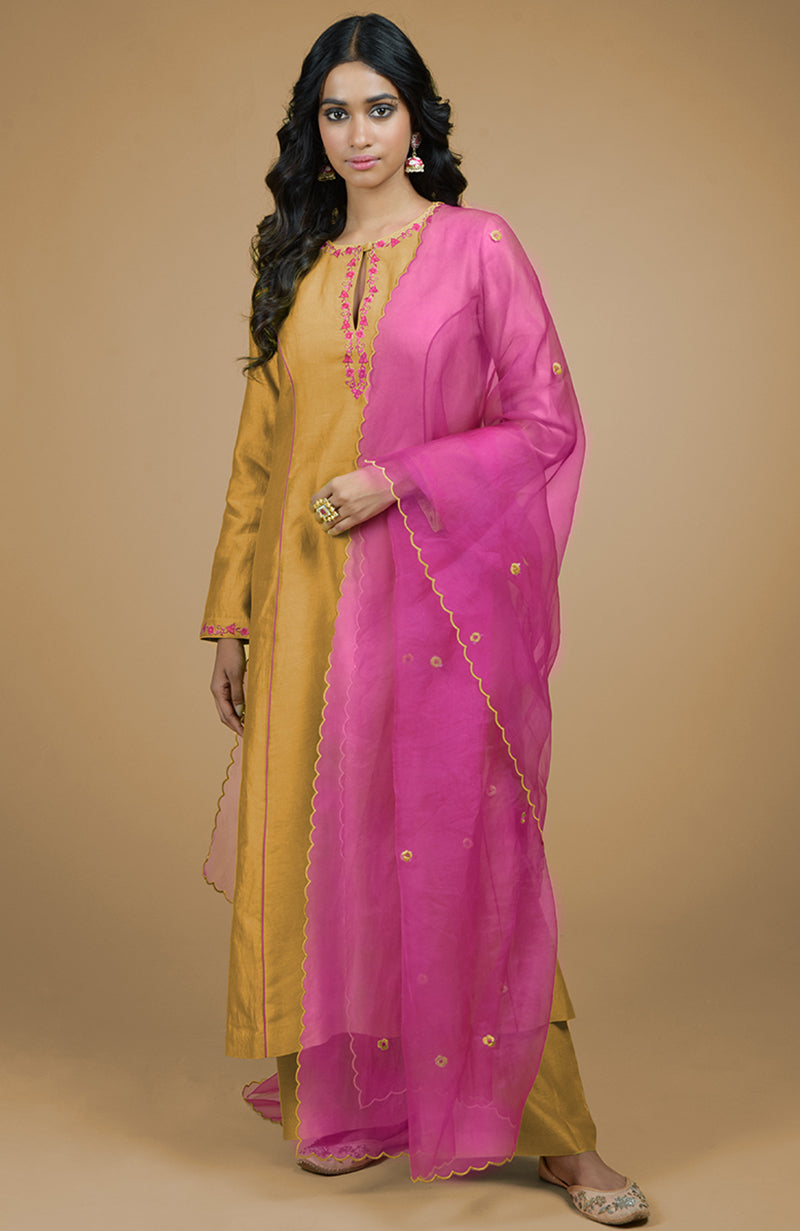 Mustard & Magenta Organza Kurta Set