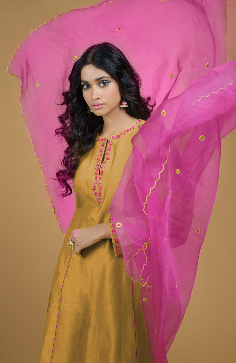 Mustard & Magenta Organza Kurta Set