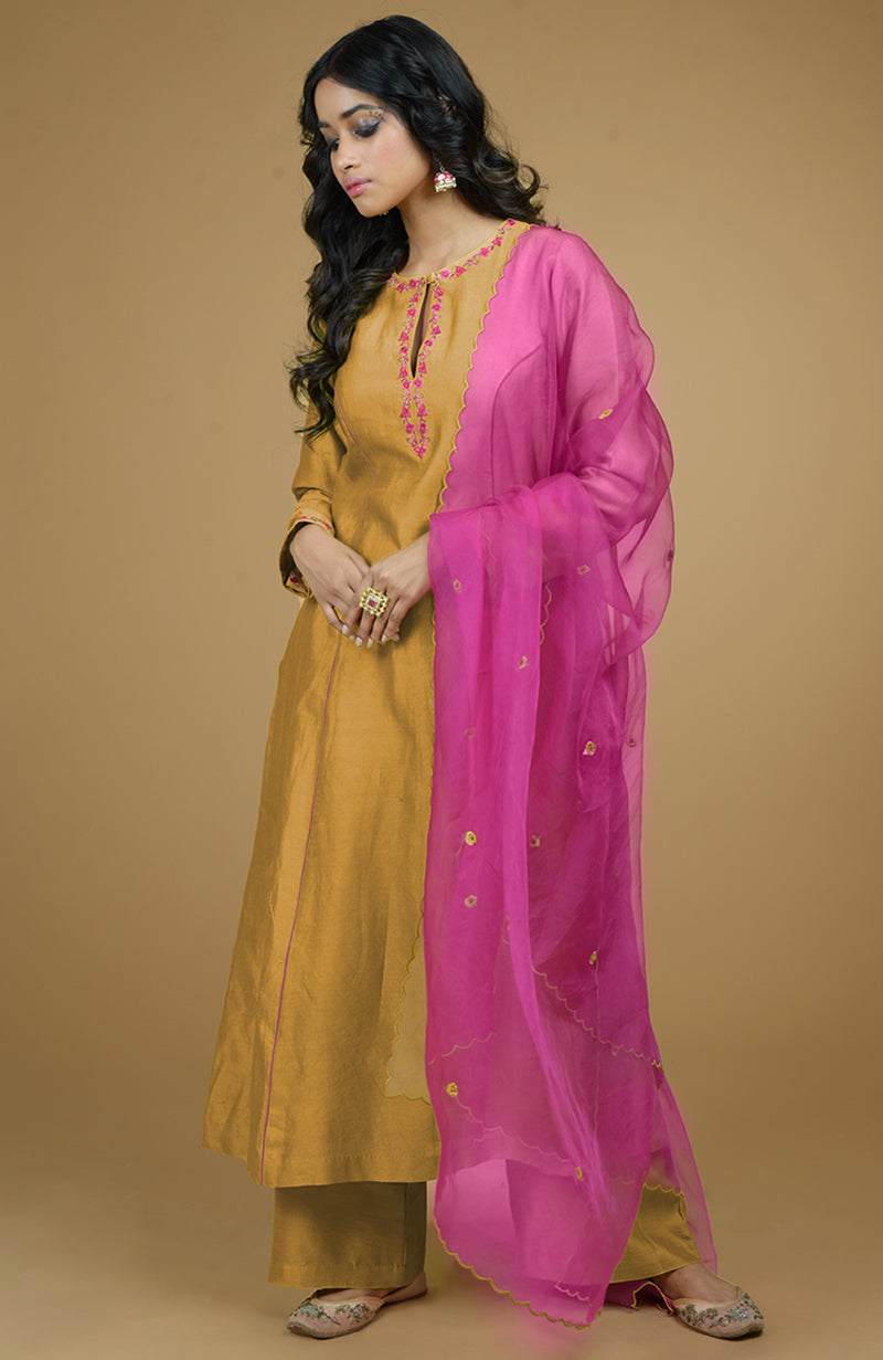 Mustard & Magenta Organza Kurta Set