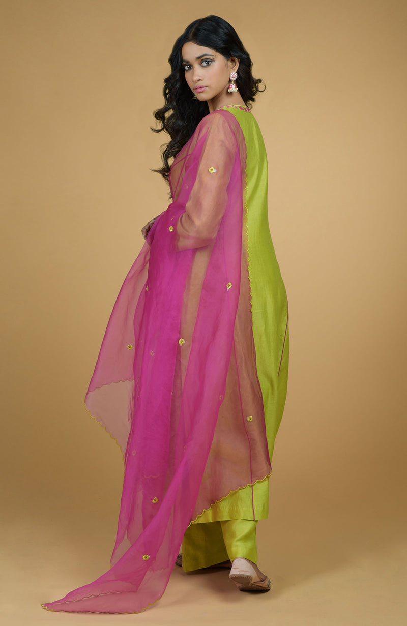 Lime Green & Magenta Organza Kurta Set