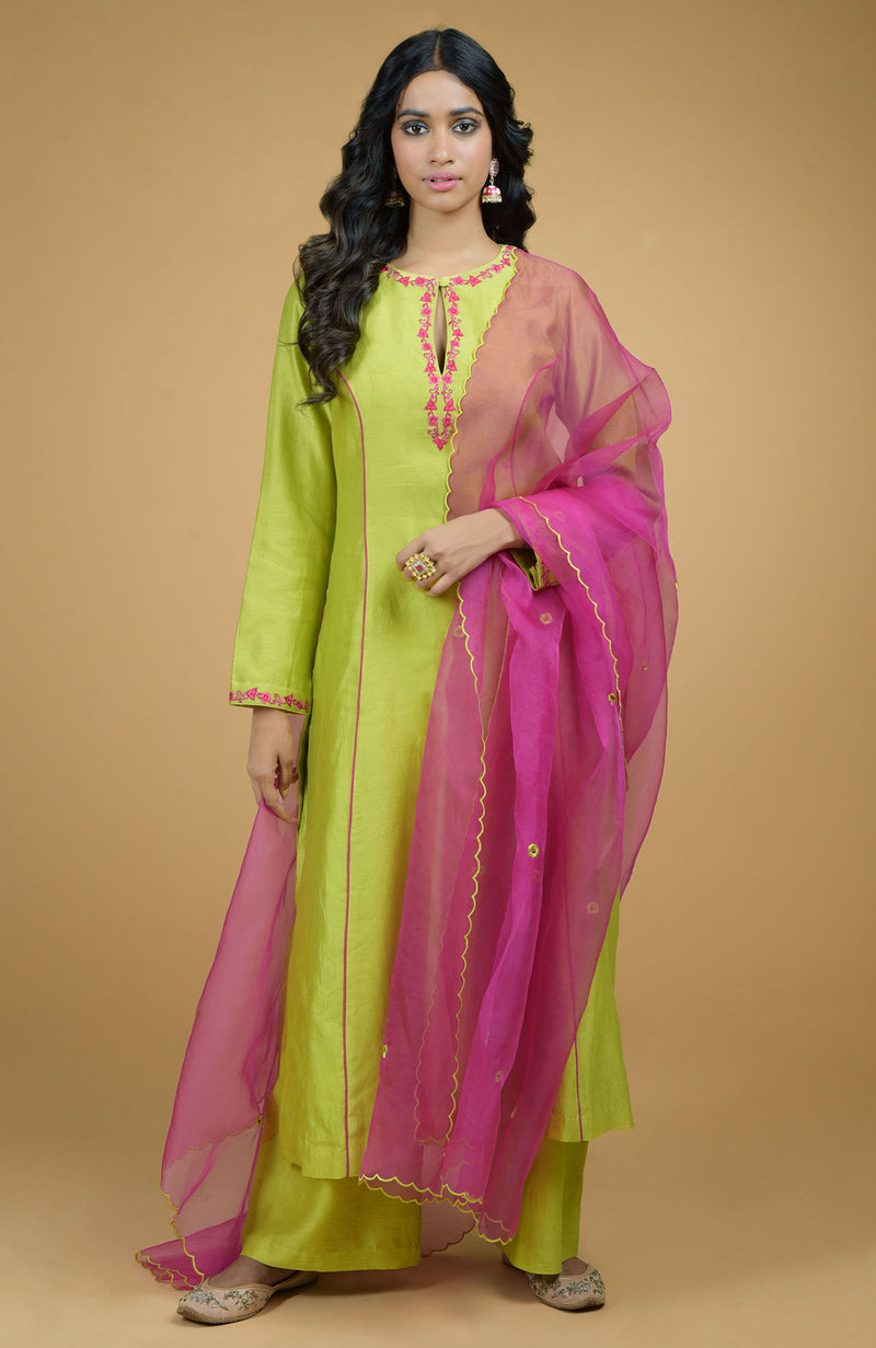Beige & Magenta Organza Kurta Set