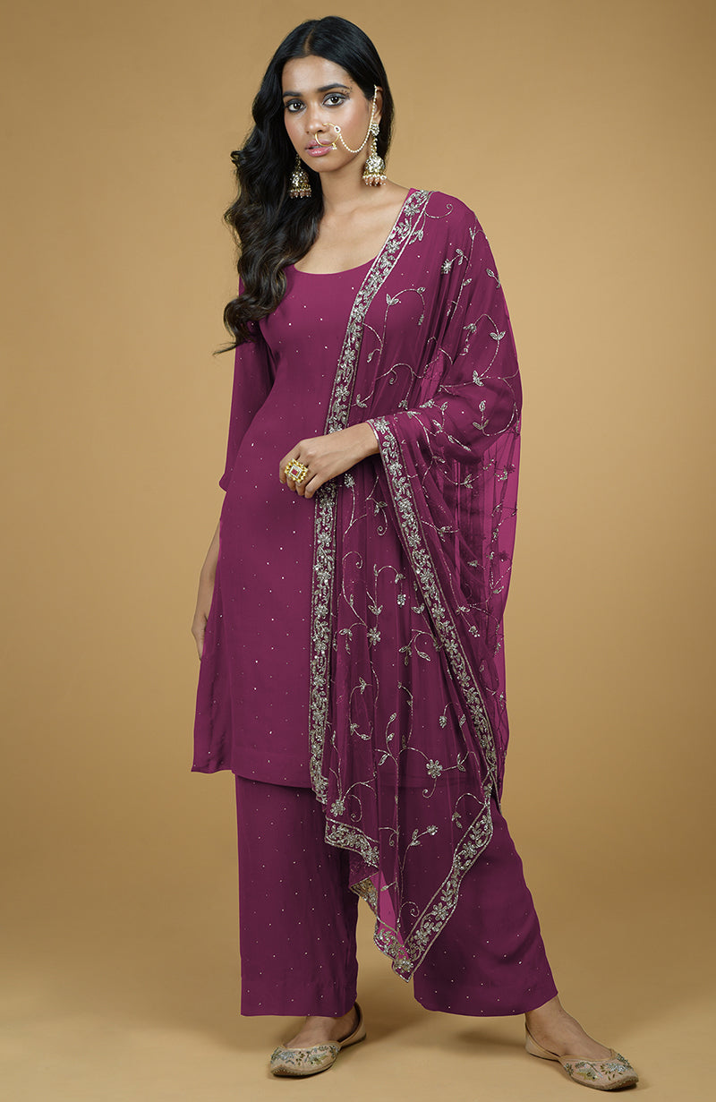 Marsala Cutbead Zardozi Dupatta With Mukaish Kurta Set