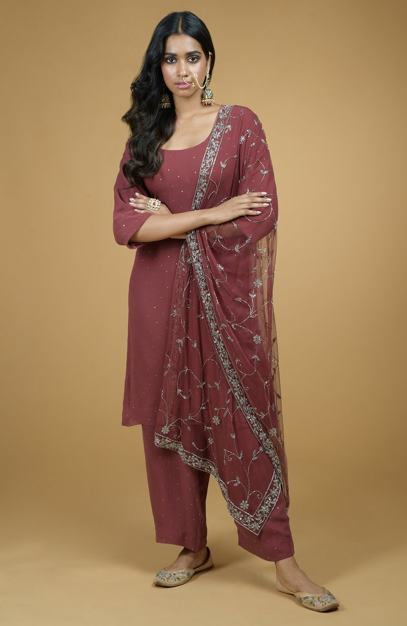 Marsala Cutbead Zardozi Dupatta With Mukaish Kurta Set
