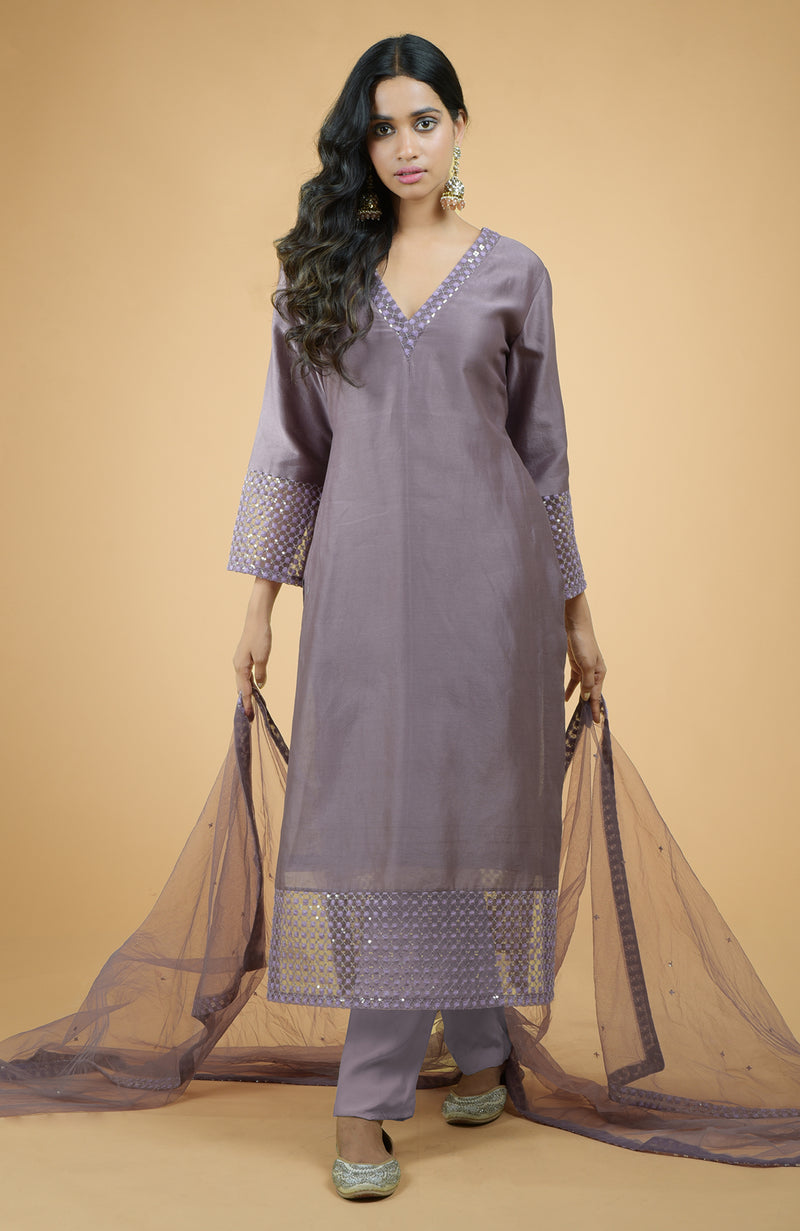 Marsala Cutbead Zardozi Dupatta With Mukaish Kurta Set