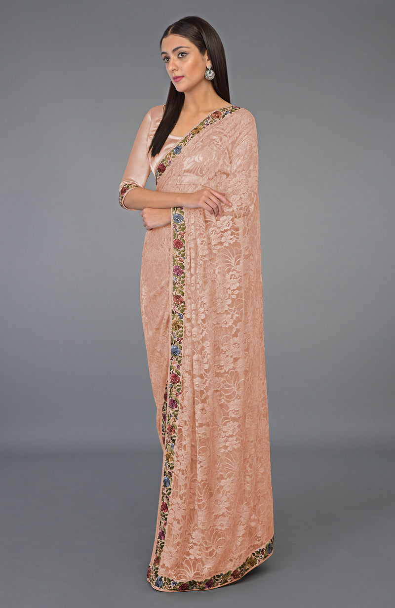 Pearl Blush Parsi Gara Embroidered French Chantilly Lace Saree