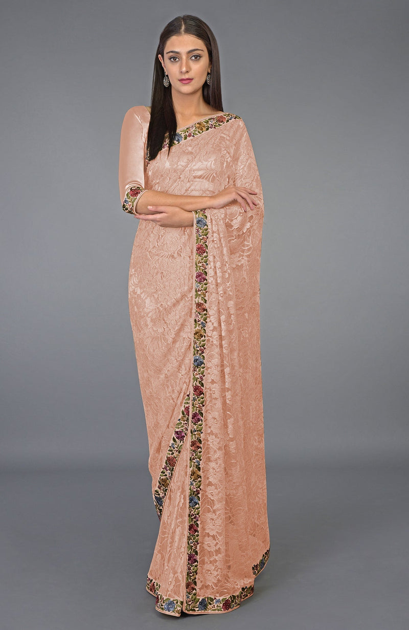 Beige Gold Parsi Gara French Chantilly Lace Saree – Talking Threads