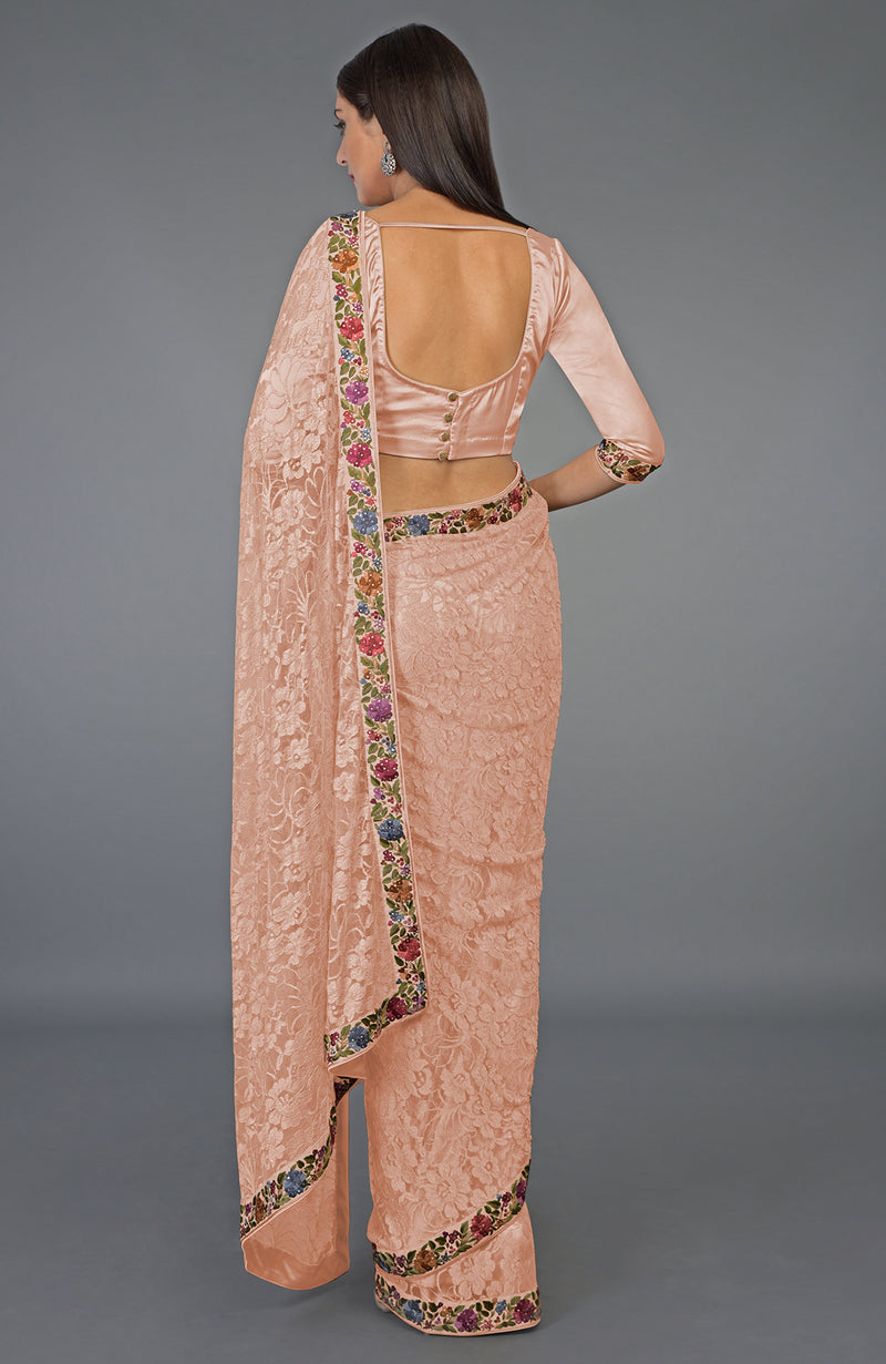 Pearl Blush Parsi Gara Embroidered French Chantilly Lace Saree