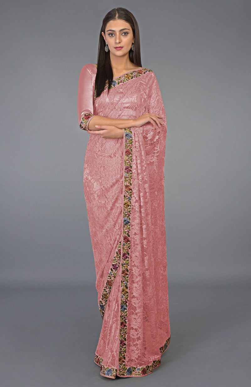 Beige Gold Parsi Gara French Chantilly Lace Saree – Talking Threads