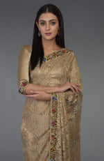 Beige Gold Parsi Gara Embroidered French Chantilly Lace Saree