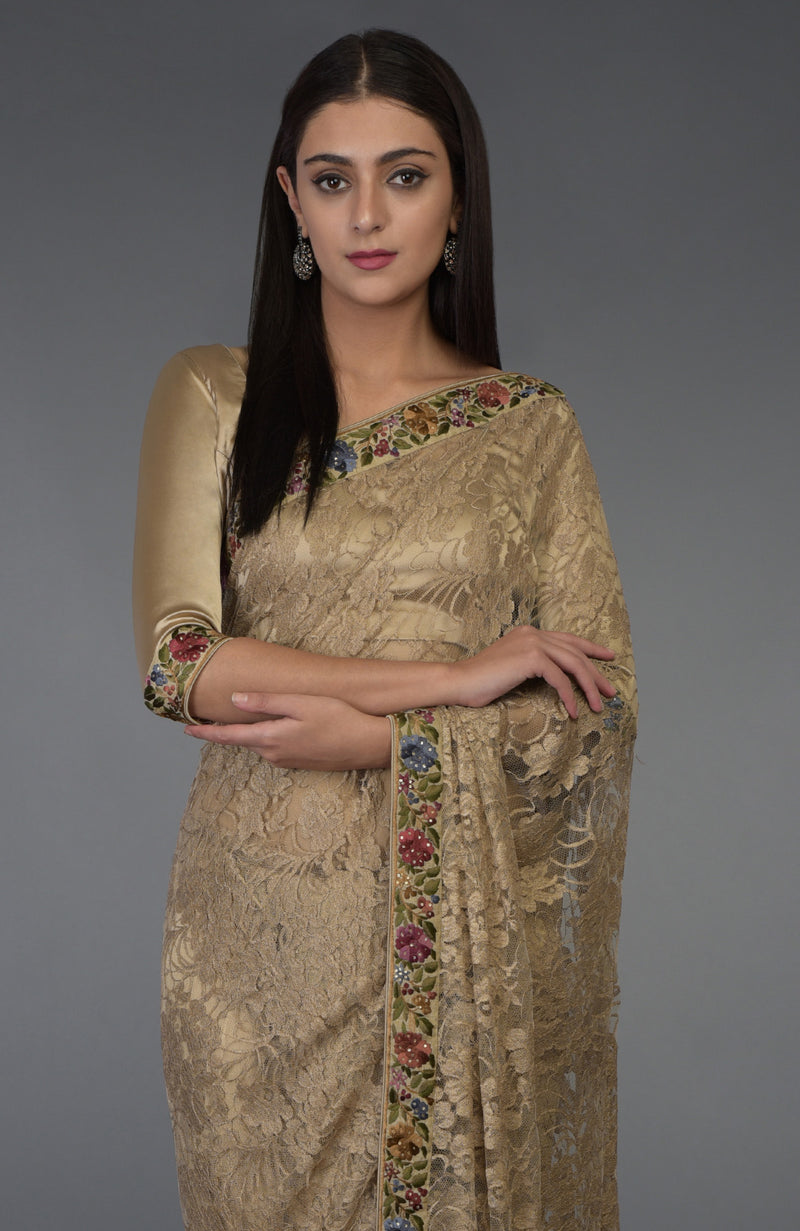 Beige Gold Parsi Gara Embroidered French Chantilly Lace Saree