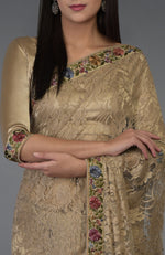 Beige Gold Parsi Gara Embroidered French Chantilly Lace Saree