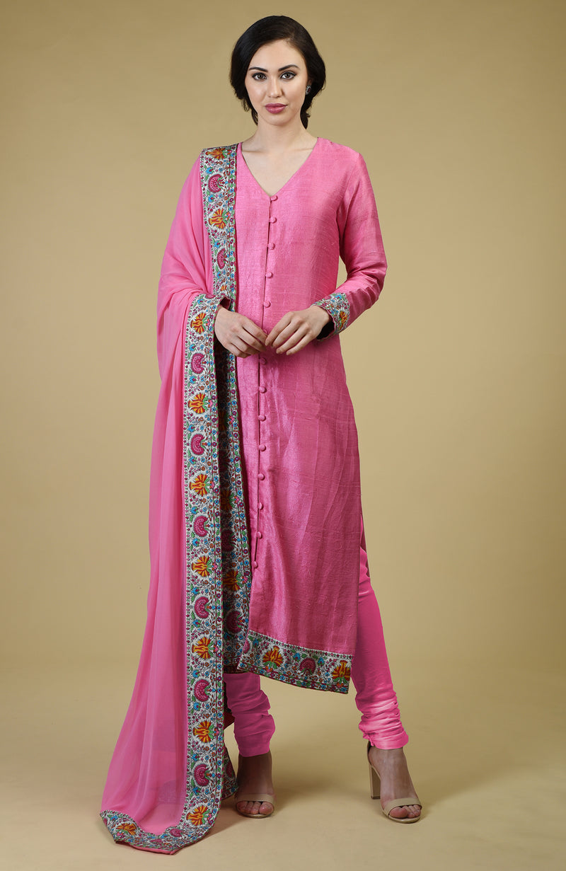 Carnation Pink Kashmiri Kashidakari Hand Embroidered Suit