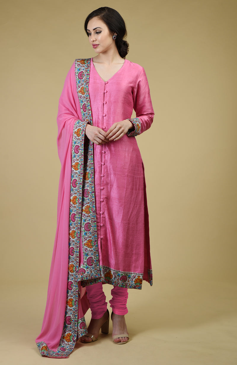 Carnation Pink Kashmiri Kashidakari Hand Embroidered Suit