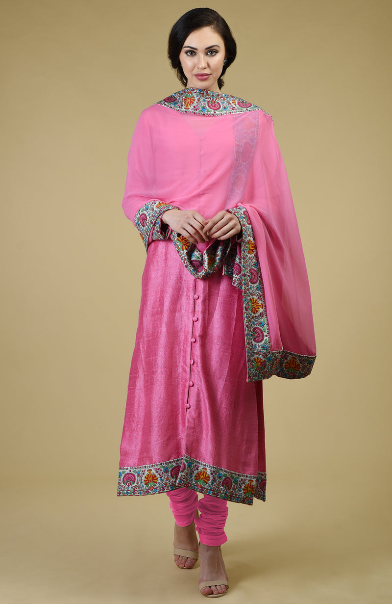 Carnation Pink Kashmiri Kashidakari Hand Embroidered Suit
