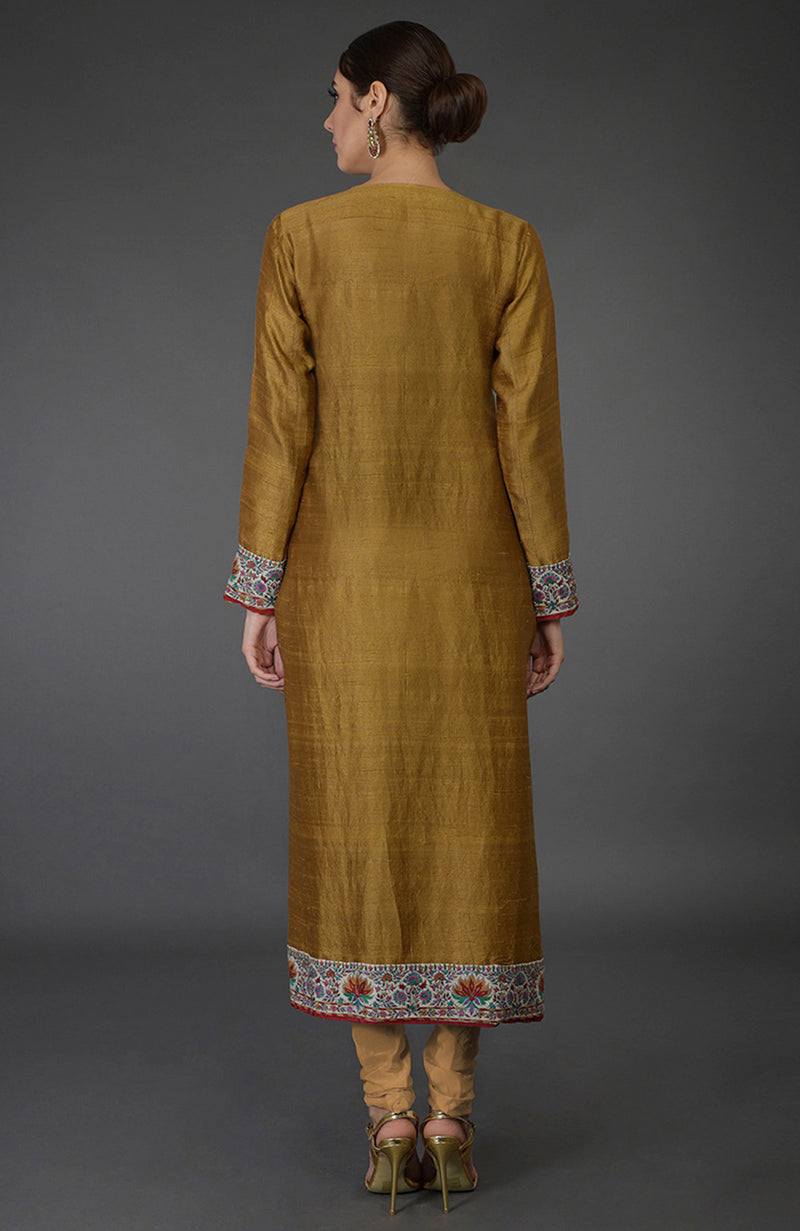 Dark Mustard Kashmiri Kashidakari Hand Embroidered Pure Raw Silk Suit
